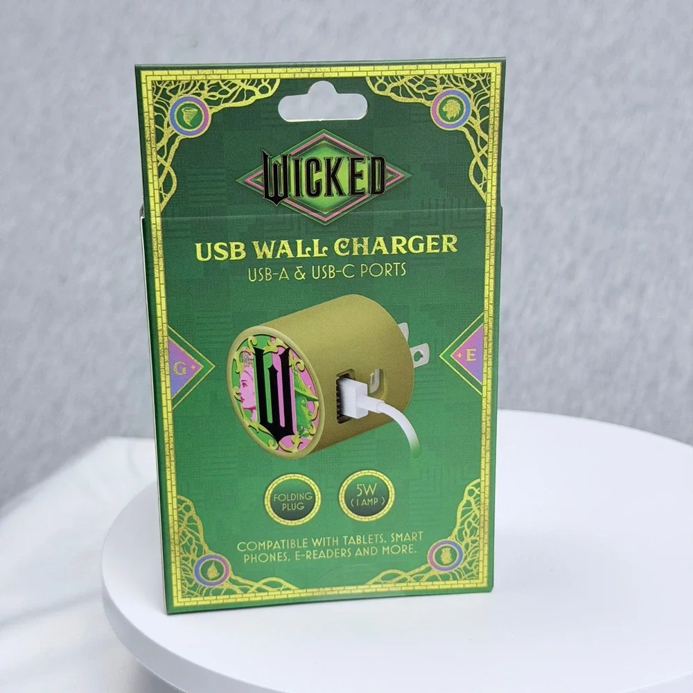 Wicked Movie USB Wall Charger Gold Dual Port USB-A USB-C Folding Plug 5W 1A